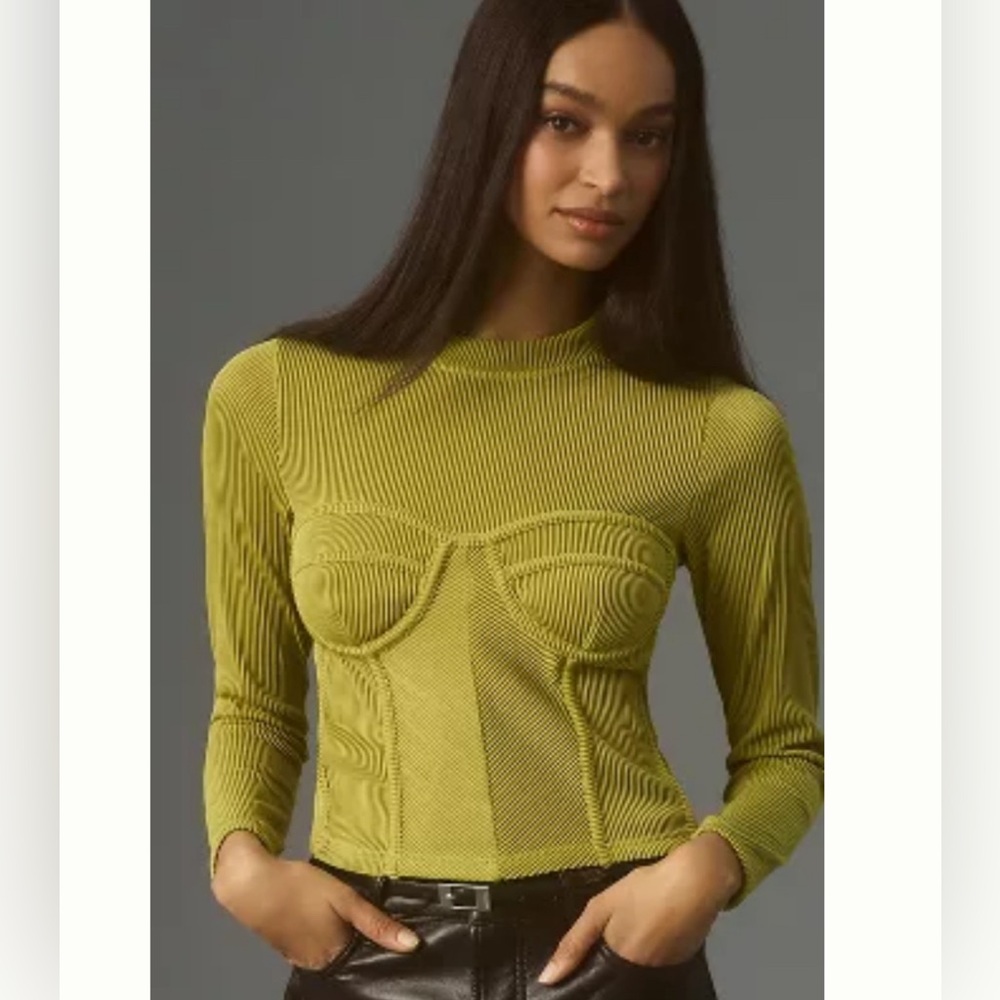 Green Anthropologie Blue Tassel Long-Sleeve Ribbed Corset Top